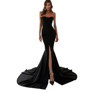 🎉Glam Black Strapless Sweetheart Neck Mermaid Maxi Dress with Front Slit a…